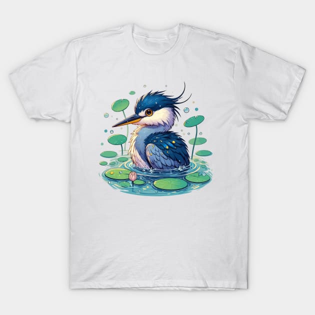 Kawaii Anime Heron Bath With Water Lily T-Shirt by TomFrontierArt